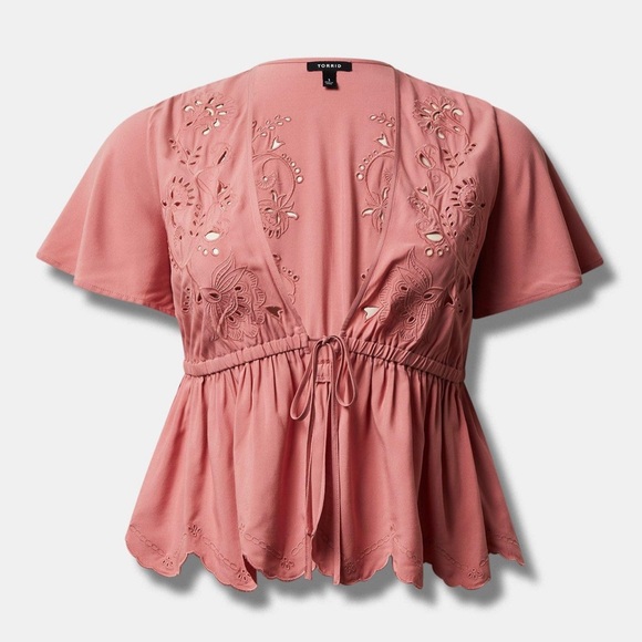 torrid Tops - TORRID Eyelet Challis Tie Front Third Piece Dusty Rose NWT